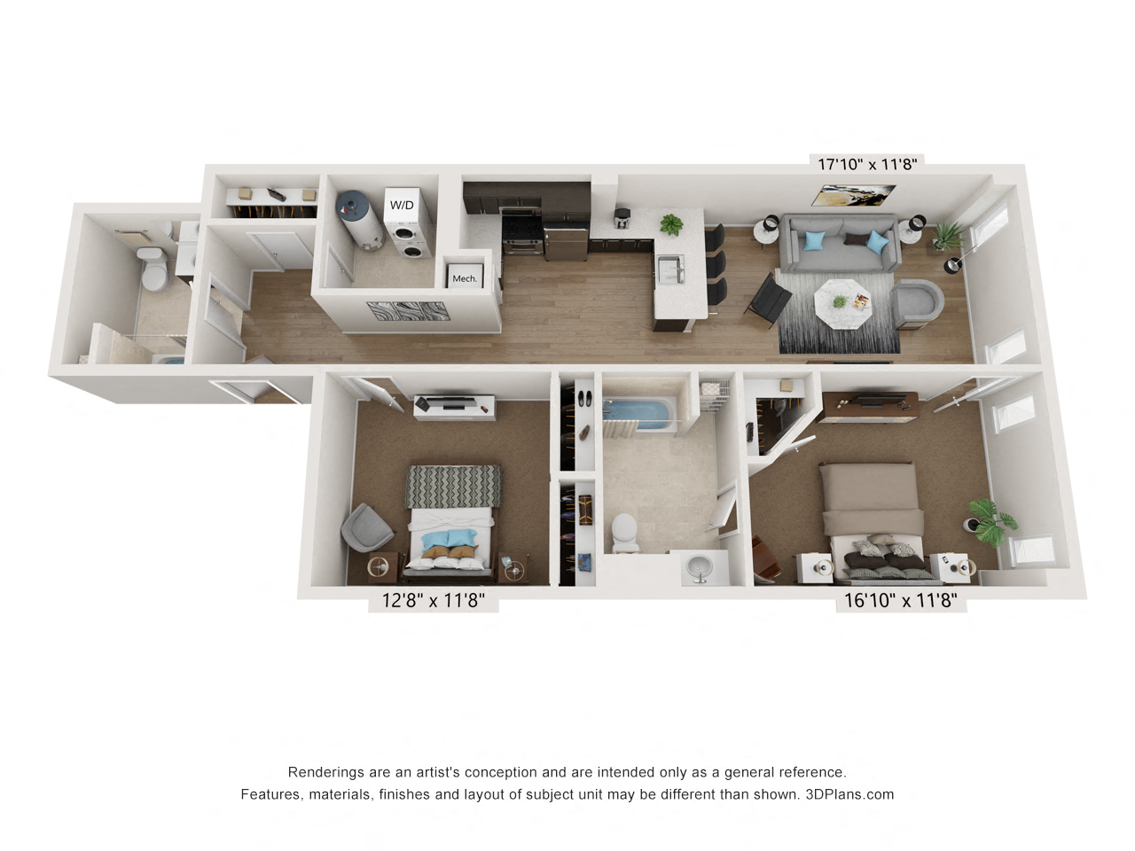 Floor plan for 2 beds, 2 baths, 1210 sqft